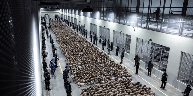 Gang members wait to be taken to their cells after 2,000 were transferred to the Terrorism Confinement Center, according to El Salvador's President Nayib Bukele, in Tecoluca, El Salvador, in this handout distributed to Reuters on March 15, 2023. 