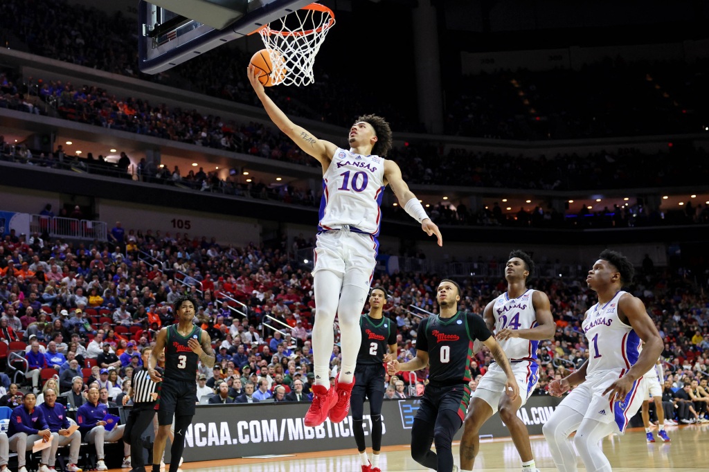 Kansas Jayhawks forward Jalen Wilson shoots the ball against the Howard Bison during the second half at Wells Fargo Arena on March 16, 2023. 