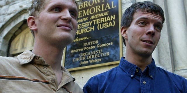 Plaintiffs Dave Kolesar (left) and Patrick Wojahn (R) speaking after the American Civil Liberties Union of Maryland and Equality Maryland press conference to denounce the Maryland Court of Appeals decision to uphold a state law that bars marriage protection for same-sex couples in Baltimore in 2007.