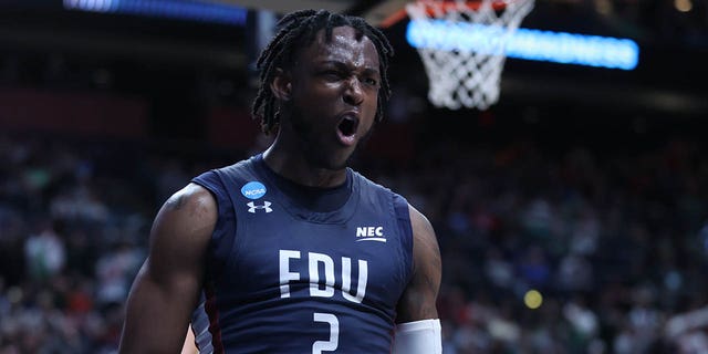 Demetre Roberts of the Fairleigh Dickinson Knights reacts to making a play against the Purdue Boilermakers during the first round of the 2022 NCAA Tournament at Nationwide Arena March 17, 2023, in Columbus, Ohio. 