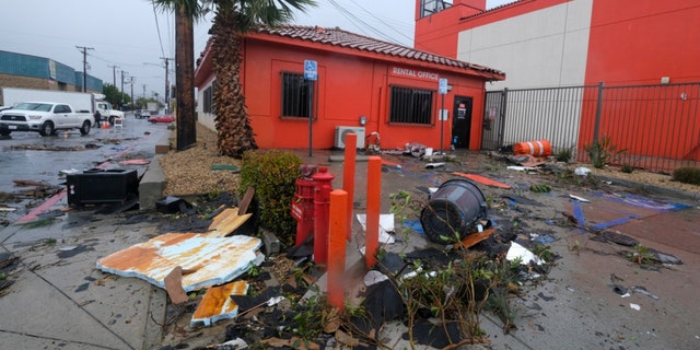 Debris is seen after a possible tornado which damaged several buildings Wednesday, March 22, 2023, in Montebello, California. 