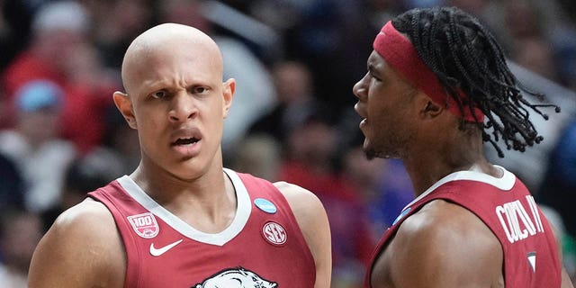 Arkansas' Jordan Walsh reacts to his 3-pointer during the second half of a second-round game in the NCAA Tournament Saturday, March 18, 2023, in Des Moines, Iowa. 