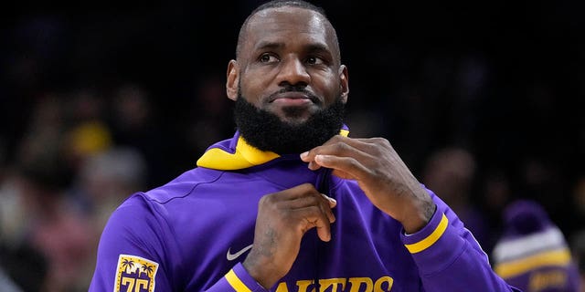 Los Angeles Lakers' LeBron James warms up before an NBA basketball game against the Chicago Bulls, Sunday, March 26, 2023, in Los Angeles.