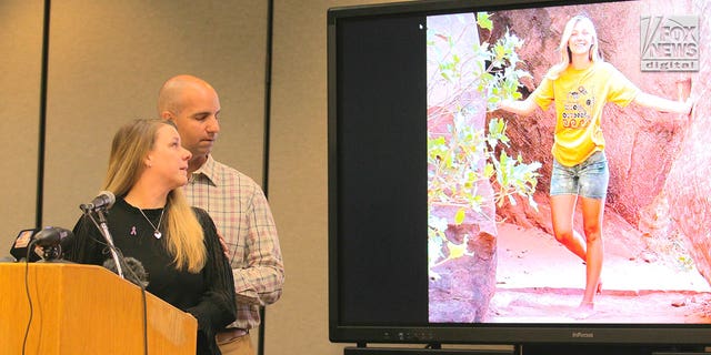 A press conference is held by Gabby Petito's family in Salt Lake City, Utah, Thursday, November 3, 2022. The family is filing a wrongful death suit against Moab Police Department. Nichole Schmidt is comforted by husband Jim.