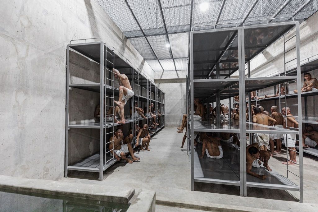 Members from the MS-13 and 18 street gangs are shown in the new prison "Terrorist Confinement Centre" (CECOT) in Tecoluca on March 15, 2023. 