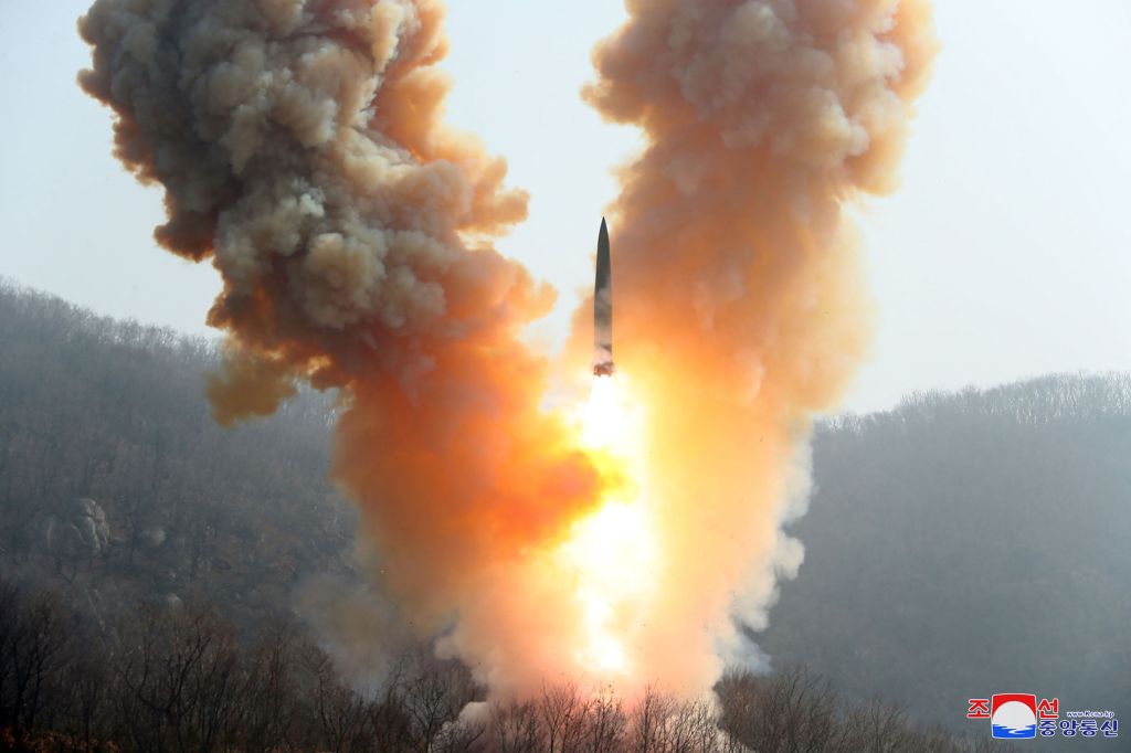 A warhead missile launch exercise simulates a tactical nuclear attack in Cholsan county, North Pyongan Province. 