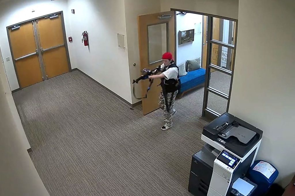 Footage shows suspect Audrey Hale holding an assault rifle at the Covenant School building at the Covenant Presbyterian Church, in Nashville, Tenn. 