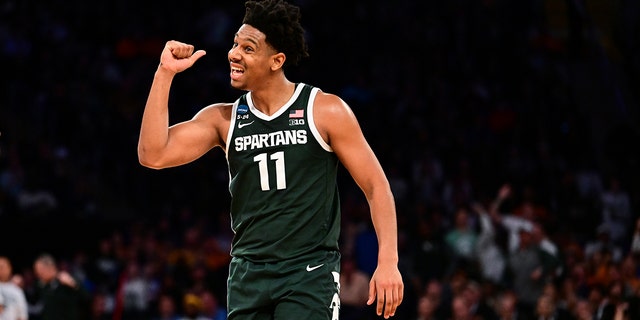 A.J. Hoggard #11 of the Michigan State Spartans reacts during the first half of the game against the Kansas State Wildcats during the Sweet Sixteen round of the 2023 NCAA Men's Basketball Tournament held at Madison Square Garden on March 23, 2023 in New York City.