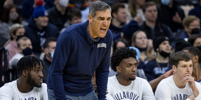 Villanova head coach Jay Wright shouts during the first half of a game against Butler Jan. 16, 2022, in Philadelphia.