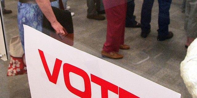 Voters stand in line waiting for a ballot for the North Carolina primary at a library in Raleigh, N.C.