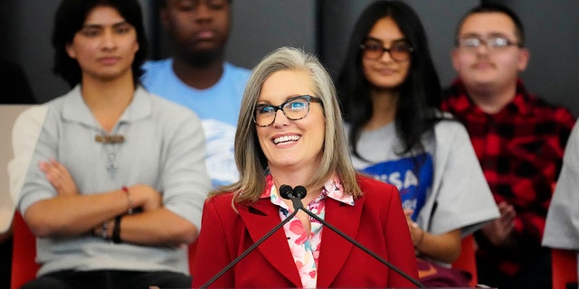 Arizona Gov. Katie Hobbs addresses students as first lady Jill Biden visits Mesa Community College in Mesa, Ariz., Monday, Feb. 13, 2023, to highlight how affordable community college programs like Mesa College Promise are providing students with career-connected learning opportunities that lead to good-paying jobs. 