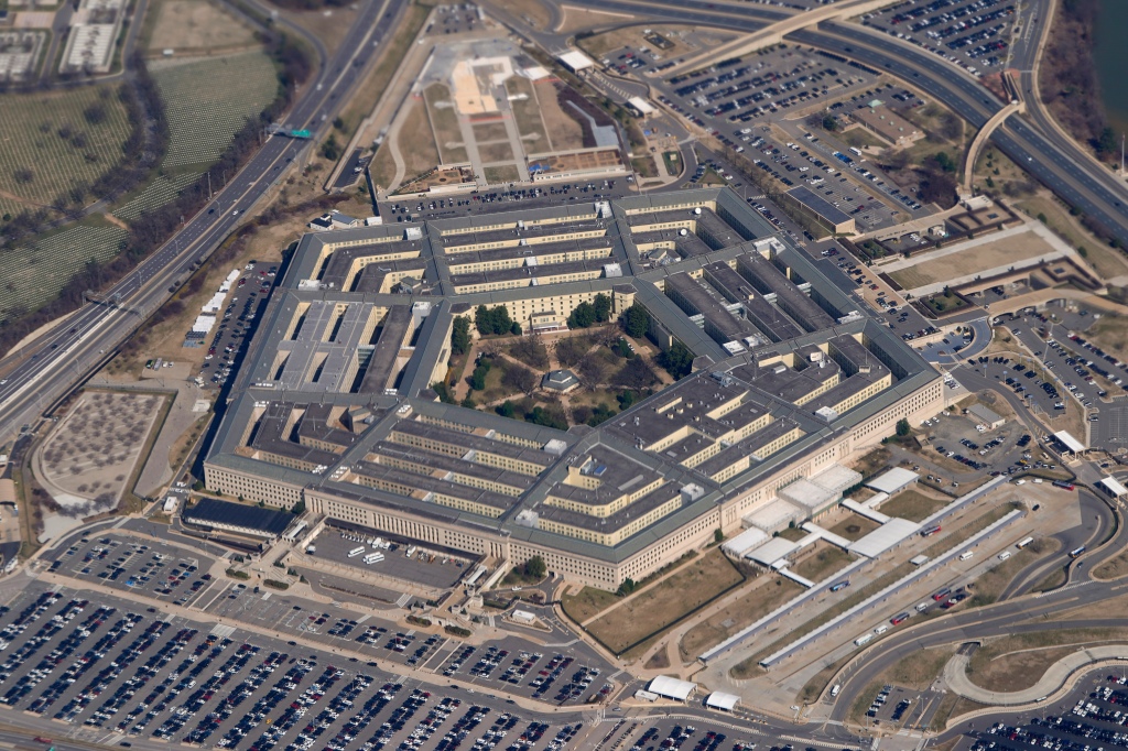 The Pentagon is seen from Air Force One as it flies over Washington on March 2, 2022.