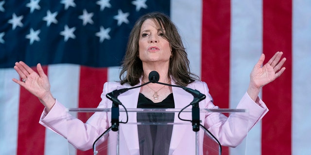 Self-help author Marianne Williamson speaks to the crowd as she launches her 2024 presidential campaign in Washington, Saturday, March 4, 2023. 