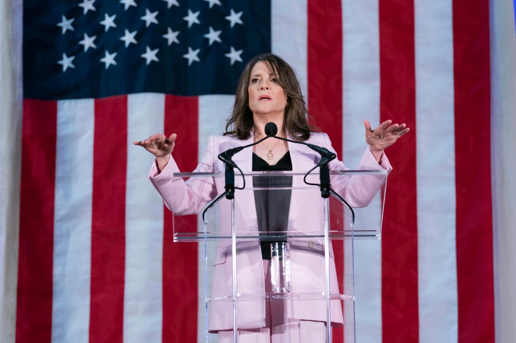 Self-help author Marianne Williamson speaks to the crowd as she launches her 2024 presidential campaign in Washington, Saturday, March 4, 2023. 