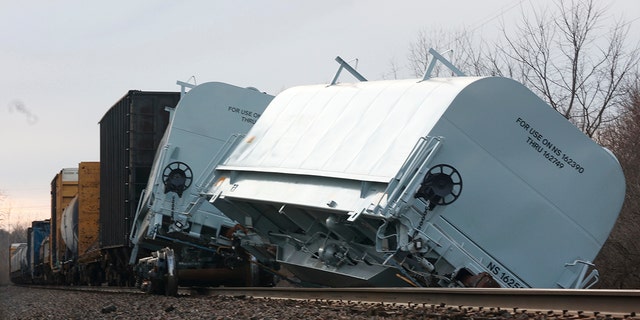 A Norfolk Southern cargo train car derailed by Springfield, Ohio, March 4, 2023. 