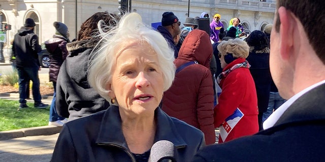 Rebecca Harper, the lead named plaintiff in litigation challenging North Carolina legislative and congressional maps, speaks to reporters on Union Square in downtown Raleigh, N.C., on March 14, 2023.