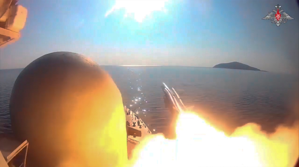 Two boats launched the missile attack on a mock enemy warship, the ministry said. 