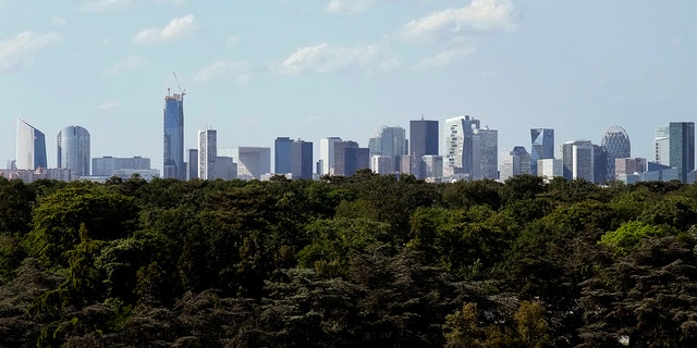 The business district of La Defense is pictured May 17, 2022, in Paris. French authorities raided the Paris offices of five top French banks Tuesday.