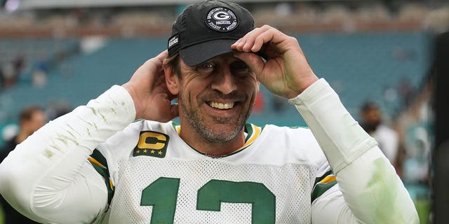 Green Bay Packers quarterback Aaron Rodgers, #12, smiles father camera following the game between the Green Bay Packers and the Miami Dolphins on Sunday, Dec. 25, 2022 at Hard Rock Stadium, Miami Gardens, Florida.