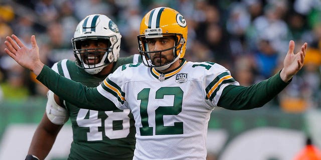 Aaron Rodgers, #12 of the Green Bay Packers, in action against the New York Jets on Dec. 23, 2018 at MetLife Stadium in East Rutherford, New Jersey.