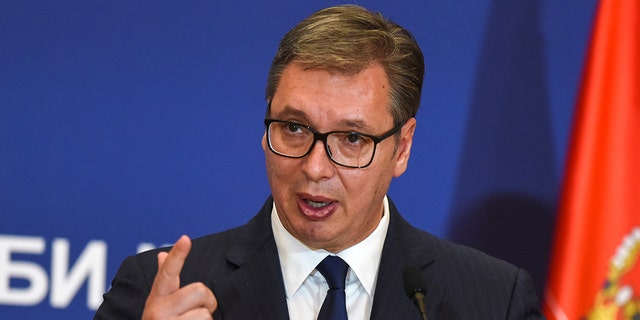 Serbian President Aleksandar Vucic speaks during a news conference in Belgrade, Serbia, Sept. 13, 2021.