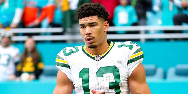 Allen Lazard of the Green Bay Packers at halftime against the Miami Dolphins at Hard Rock Stadium Dec. 25, 2022, in Miami Gardens, Fla.