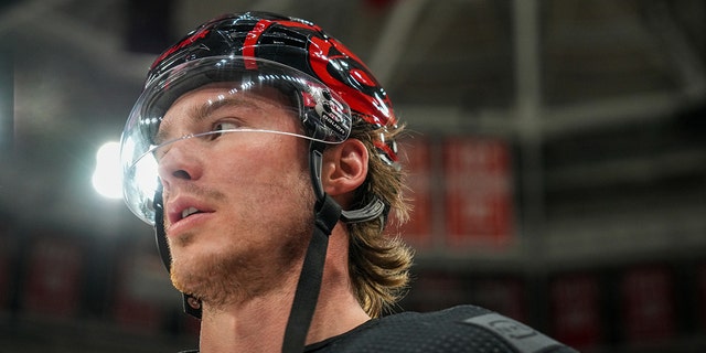 Andrei Svechnikov #37 of the Carolina Hurricanes is seen prior to the game against the Vegas Golden Knights at PNC Arena on March 11, 2023 in Raleigh, North Carolina.