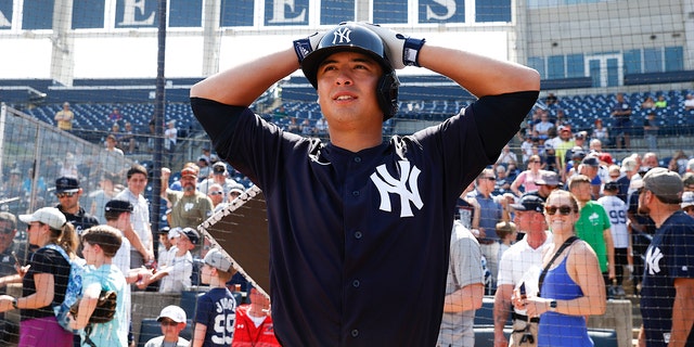 Anthony Volpe #77 of the New York Yankees looks on during Spring Training at George M. Steinbrenner Field on February 23, 2023 in Tampa, Florida.