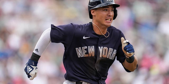 Anthony Volpe #77 of the New York Yankees runs during a spring training game against the Minnesota Twins on March 13, 2023 at the Hammond Stadium in Fort Myers, Florida.