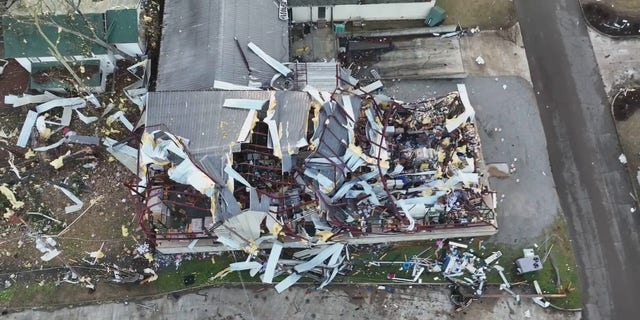 Aerial video shot Saturday, March 25, 2023, over Armory, Mississippi, shows the destruction caused when tornadoes ripped through the area Friday.