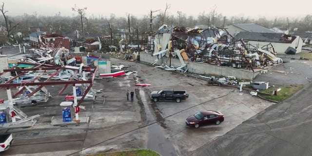 Aerial video shot Saturday, March 25, 2023, over Armory, Mississippi, shows the destruction caused when tornadoes ripped through the area Friday.