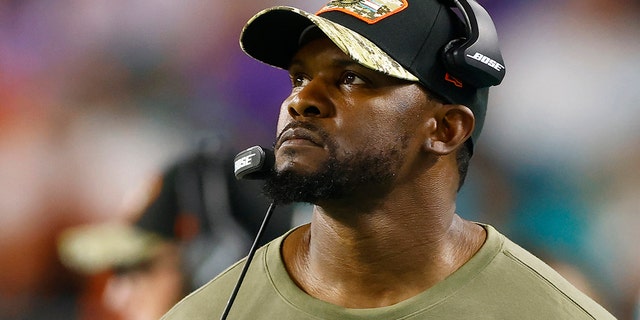 Head coach Brian Flores of the Miami Dolphins looks on against the Baltimore Ravens at Hard Rock Stadium on November 11, 2021 in Miami Gardens, Florida.