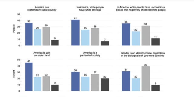 To estimate the prevalence of student exposure to CSJ ideas, the Manhattan Institute asked: "Thinking about the school you attended, were you ever taught any of the following concepts in class or did you hear them from adults in the school you attended?"