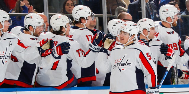 Nicolas Aube-Kubel #96 of the Washington Capitals celebrates after scoring a goal in the first period against the New York Rangers at Madison Square Garden on March 14, 2023 in New York City.