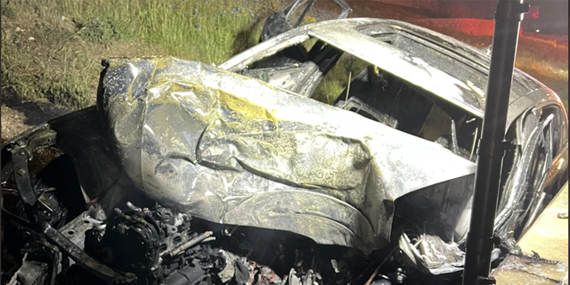 Aftermath of a burning car that was in a wreck in Austin, Texas, on March 5, 2023.