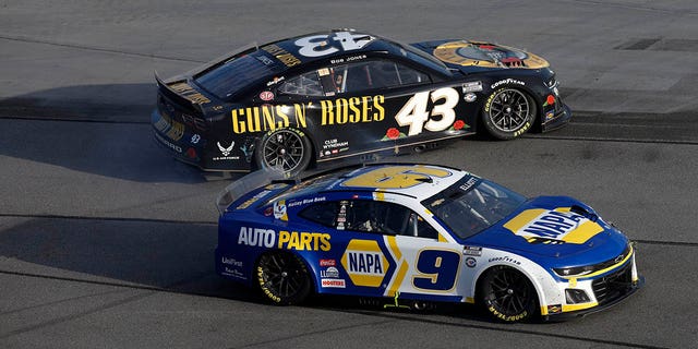 Chase Elliott, driver of the NAPA Auto Parts Chevrolet, and Erik Jones, driver of the Guns N' Roses Chevrolet, spin after an on-track incident during the NASCAR Cup Series 65th Annual Daytona 500 on Feb. 19, 2023.