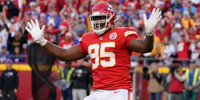 Kansas City Chiefs defensive tackle Chris Jones celebrates after sacking Buffalo Bills quarterback Josh Allen during the second half of an NFL football game Sunday, Oct. 16, 2022, in Kansas City, Missouri.