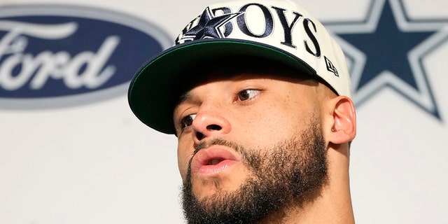 Dallas Cowboys quarterback Dak Prescott speaks at a news conference after an NFL divisional round playoff football game against the San Francisco 49ers in Santa Clara, Calif., Sunday, Jan. 22, 2023.