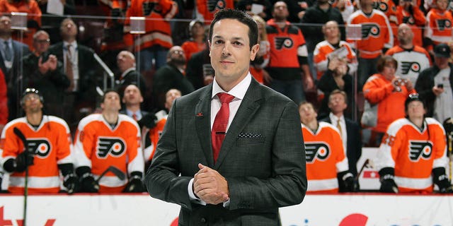 Former Philadelphia Flyer and Buffalo Sabre Daniel Briere looks on during a pre-game ceremony honoring his retirement from the NHL on Oct. 27, 2015 at the Wells Fargo Center in Philadelphia.