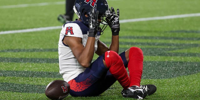 Houston Roughnecks wide receiver Deontay Burnett, #1, celebrates after scoring touchdown during the XFL football game between the Houston Roughnecks and the Orlando Guardians on March 11, 2023 at Camping World Stadium in Orlando, Florida.