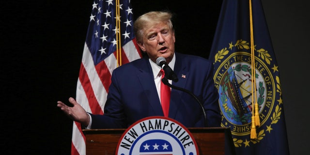 Former President Trump speaks during the New Hampshire Republican State Committee 2023 annual meeting, Saturday, Jan. 28, 2023, in Salem, New Hampshire.