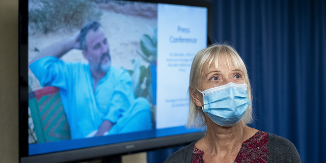 Els Woodke speaks about the 2016 kidnapping of her husband Jeff Woodke in West Africa during a news conference in Washington, D.C., on Nov. 17, 2021. Jeff Woodke was released on Monday, the Biden administration says.