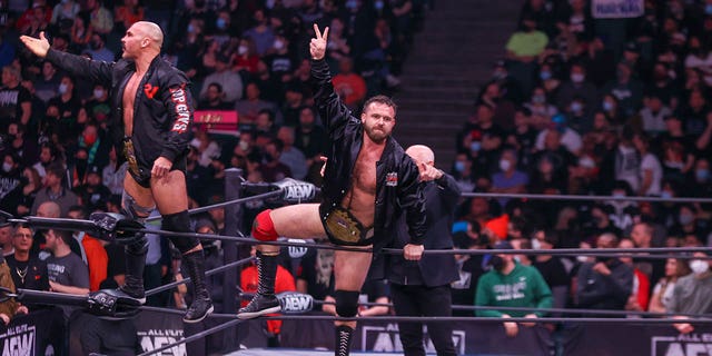 Dax Harwood and Cash Wheeler are introduced prior to their match during the AEW Dynamite - Beach Break taping on January 26, 2022, at the Wolstein Center in Cleveland, OH.