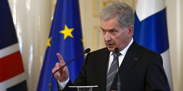 FILE - Finlands President Sauli Niinisto makes a point during a joint press conference at the Presidential Palace in Helsinki, Finland, Wednesday, May 11, 2022. Finland's bid to join NATO cleared a major hurdle by gaining the Hungarian parliament's approval in a Monday vote.