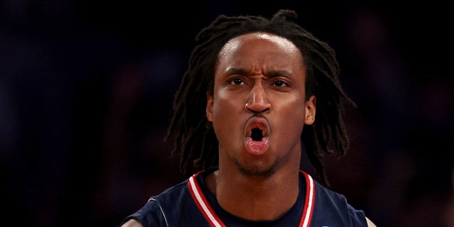 Michael Forrest #11 of the Florida Atlantic Owls celebrates a basket against the Tennessee Volunteers during the second half in the Sweet 16 round game of the NCAA Men's Basketball Tournament at Madison Square Garden on March 23, 2023 in New York City.