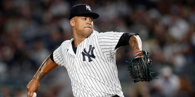 Frankie Montas #47 of the New York Yankees in action against the Tampa Bay Rays at Yankee Stadium on September 09, 2022 in the Bronx borough of New York City. The Rays defeated the Yankees 4-2.