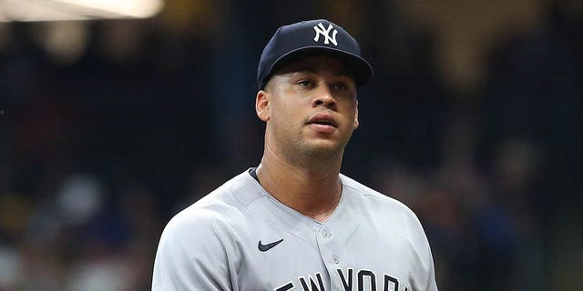 New York Yankees starting pitcher Frankie Montas (47) leaves the game during a game between the Milwaukee Brewers and the New York Yankees on September 16, 2022, at American Family Field in Milwaukee, WI.