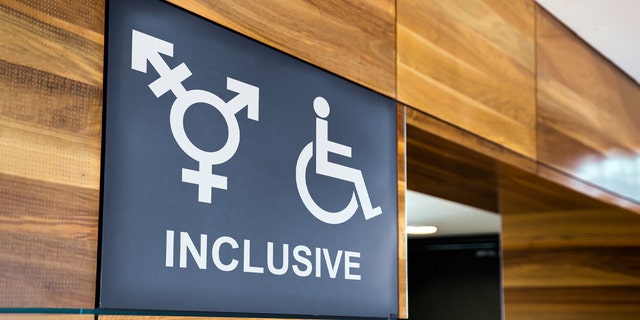 A gender-neutral sign is posted outside a restroom.