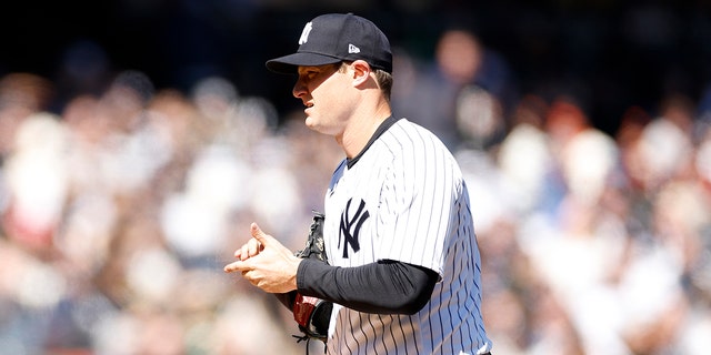 Gerrit Cole #45 of the New York Yankees pitches during the fifth inning against the San Francisco Giants on Opening Day at Yankee Stadium on March 30, 2023 in the Bronx borough of New York City.