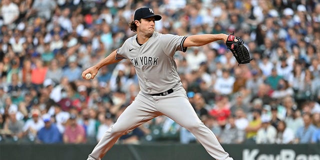 Gerrit Cole of the New York Yankees pitches in the first inning against the Seattle Mariners at T-Mobile Park Aug. 9, 2022, in Seattle. 